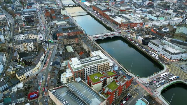 Aerial drone view of the center of Cork city in Ireland in daylight