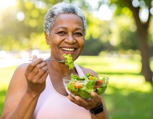Happy woman eating salad outdoors.