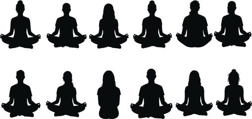 Silhouette of people meditating in lotus pose, peaceful yoga posture, mindfulness practice, spiritual calm, seated meditation, vector illustration, zen