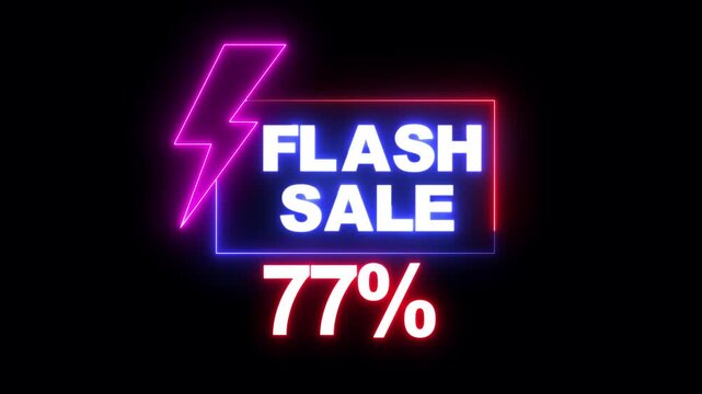 "Glowing Neon Flash Sale Promo Animation with Electric Lightning Bolt, Shiny 76 Percent Discount Offer, Futuristic Neon Lights Shopping Banner and Special Promotion Ad Video"