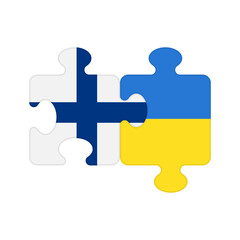Puzzle pieces with flags of Finland and Ukraine. Connected parts of jigsaw as symbol of partnership, cooperation and support between two friendly countries, friendship between Kyiv and Helsinki