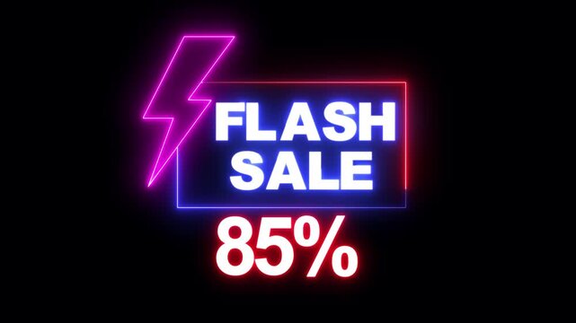 "Glowing Neon Flash Sale Promo Animation with Electric Lightning Bolt, Shiny 85 Percent Discount Offer, Futuristic Neon Lights Shopping Banner and Special Promotion Ad Video"