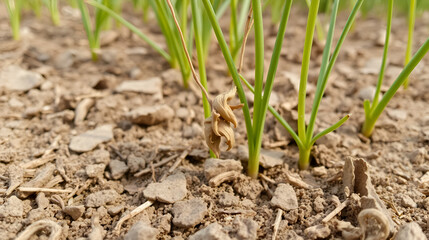 A close-up of parched soil with shriveled crops trying to survive