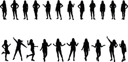 Silhouettes of young women in casual poses, dancing and standing, female figure vector illustration, expressive body language, fashion concept art