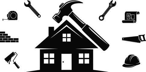 Fototapeta premium Black and white illustration of a house with construction tools representing home repair and building