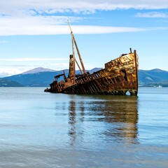 Rusty shipwreck on placid water