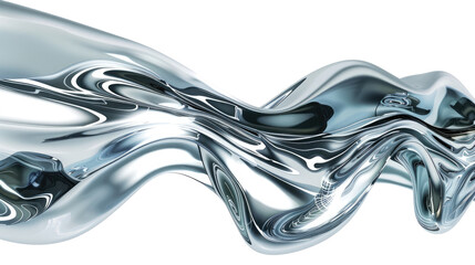 Abstract Flowing Metallic Wave with Shiny Silvery Texture on Transparent Background