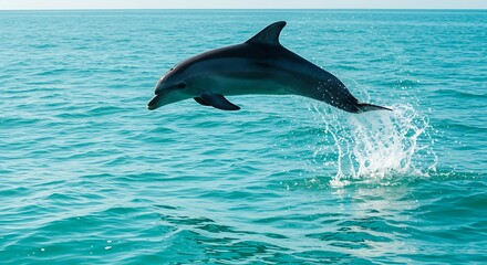Obraz premium Graceful Dolphin Arcs Through the Air Above a Vibrant Turquoise Sea