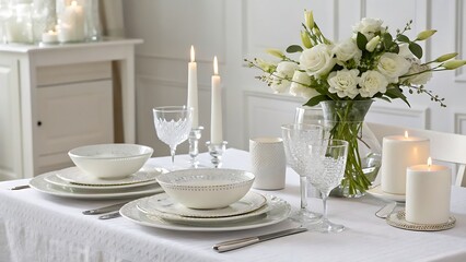 A formally set table with flowers candles and glassware in a bright white and airy dining room setup