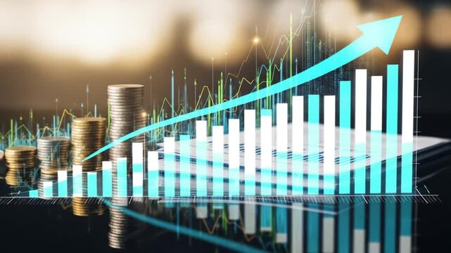 Stacks of increasing gold and silver coins with a rising blue arrow over a growing bar chart and financial data background, symbolizing business growth and investment success. - Powered by Adobe