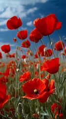 Obraz premium Sunlit field of red poppies a blue sky striking floral vertical wallpaper