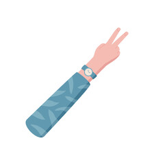 Flat cartoon hand gesture showing two fingers. Palm signal with number two and upraised position. Human arm with sleeve and wrist, perfect for math education concepts.