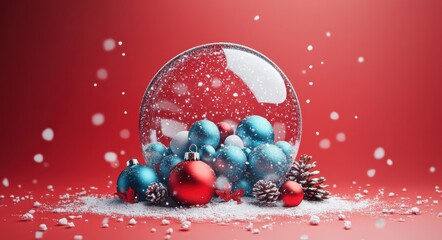 3D snow globe with blue evergreen trees and red baubles against a festive red background for a vibrant and magical winter theme