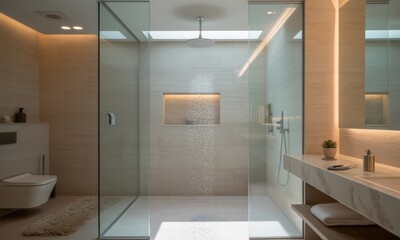Modern, minimalist bathroom with a large walk-in shower featuring a rainfall showerhead, glass enclosure, beige stone tile, and integrated lighting.  A small vanity and toilet complete the space