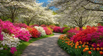 Idyllic Spring Garden Path with Colorful Azaleas, Tulips, and White Blossoms