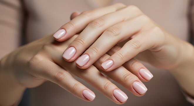 Impeccable Nude Pink Manicure on Gently Crossed, Well-Groomed Hands