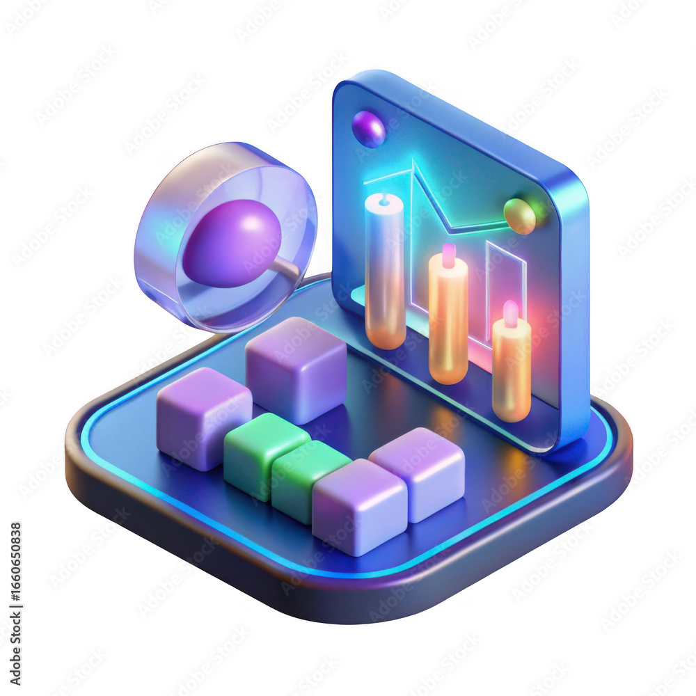 Poster abstract 3d isometric cubes and futuristic display with glowing bars isolated on transparent backgro
