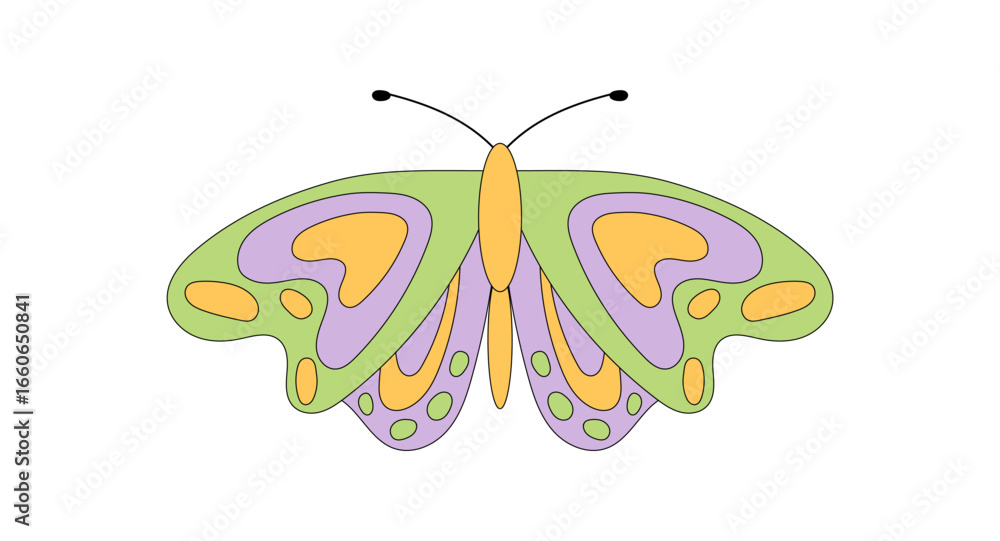 Wall mural groovy retro butterfly icon in funky flat style. colorful abstract shape and psychedelic element for