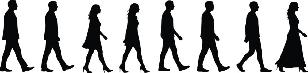 Walking people silhouette, man and woman walking, side view, vector illustration, walking action, stylish clothing, fashion walk, black figures, motion