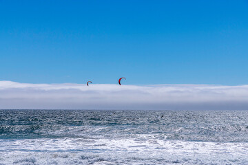 Lompoc, CA, USA &ndash; August 13, 2025: Kitesurfers take advantage of the high winds on the Pacific Ocean at Jalama Beach in Lompoc, CA.