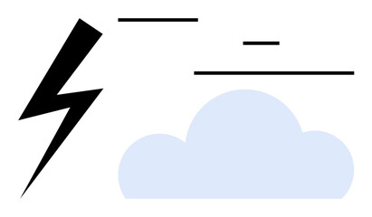 Lightning bolt beside a light blue cloud and minimalist lines for abstract storm representation. Ideal for weather forecasting, warnings, energy, environment, risks, innovation, simple landing page