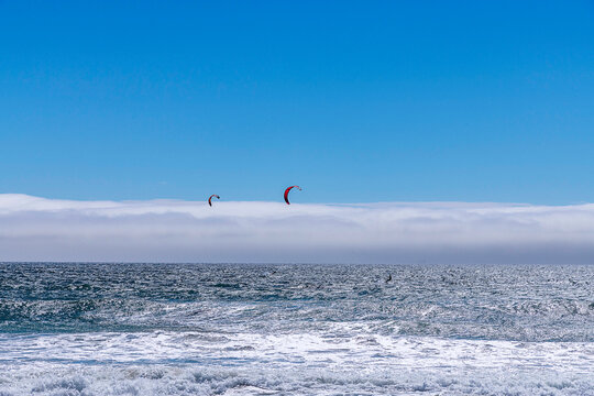 Lompoc, CA, USA &ndash; August 13, 2025: Kitesurfers take advantage of the high winds on the Pacific Ocean at Jalama Beach in Lompoc, CA.