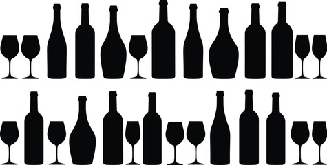 Wine bottle and glass silhouettes, black vector icons for bar, beverage, party, alcohol packaging, restaurant design, celebration theme graphics