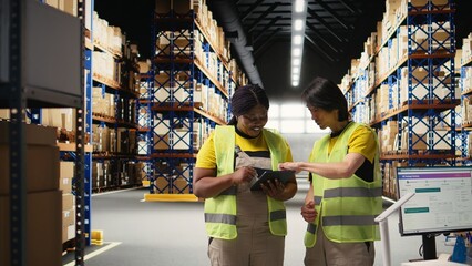 African american and asian people managing online orders and airway bills, checking the inventory...
