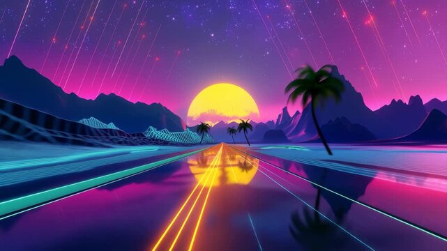 80s Retro Futurism with Neon Lights and Palm Trees