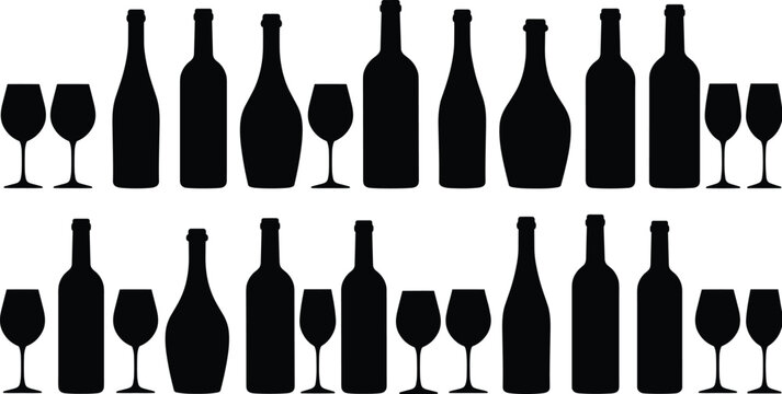 Wine bottle and glass silhouettes, black vector icons for bar, beverage, party, alcohol packaging, restaurant design, celebration theme graphics