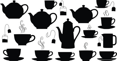 Black on White Tea Time Silhouettes - Teapots, Teacups, and Tea Bags Icons