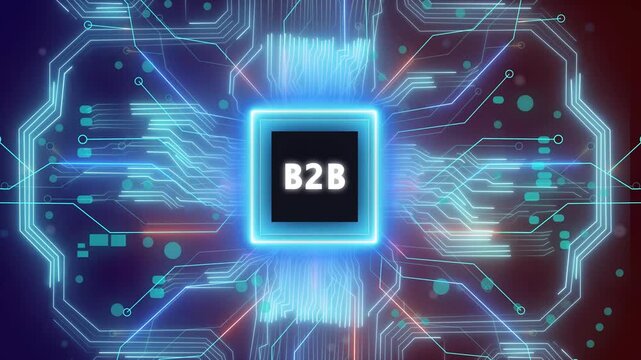 B2B &ndash; Business to Business. B2B concept head up display (HUD UI) panel and futuristic technology . Digital Data moving on Circuit Board and CPU . Computer Processing and organizing data.