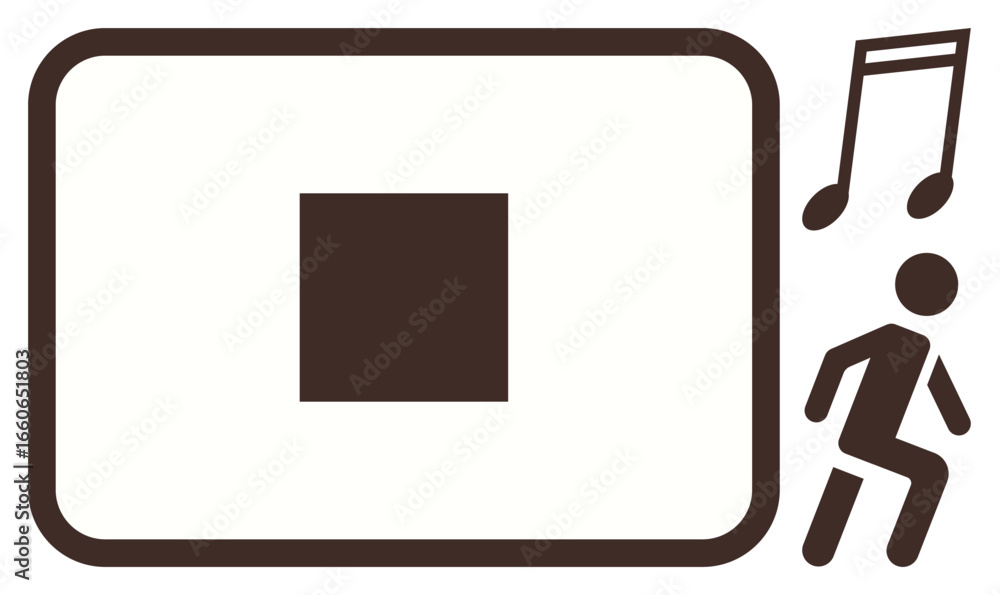 Poster stop button icon in a framed interface beside a musical note and dancing figure. ideal for entertain