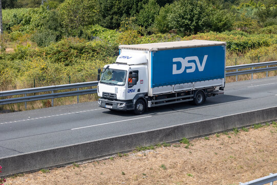 Pontevedra, spain 20 08 2025 dsv truck driving on highway transporting goods. Pontevedra, spain 20 08 2025