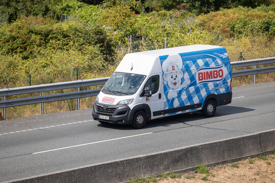 Pontevedra, spain 20 08 2025 bimbo bread delivery van moving on highway in france. Pontevedra, spain 20 08 2025