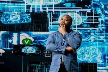 Black IT specialist working in cyberspace and AI brain tools for deep learning and neural networks...