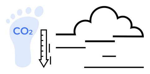 Blue carbon footprint, downward arrow reducing CO2 emissions, stylized cloud with air pollution lines. Ideal for sustainability, climate action, green energy, eco-awareness, corporate responsibility