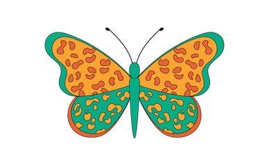 Groovy retro butterfly sticker in funky orange style. Colorful graphic with vintage and y2k tone as a groovy element from nature. Cool accent for playful sticker use.