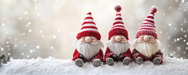 Three adorable gnomes with red hats sitting among frosty pine branches and red berries, evoking a festive winter wonderland atmosphere