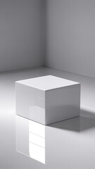 Fototapeta premium White cube on a reflective white surface with shadows