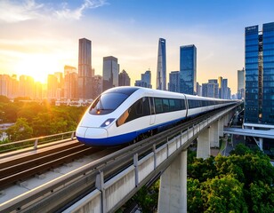 Highspeed train city sunrise.