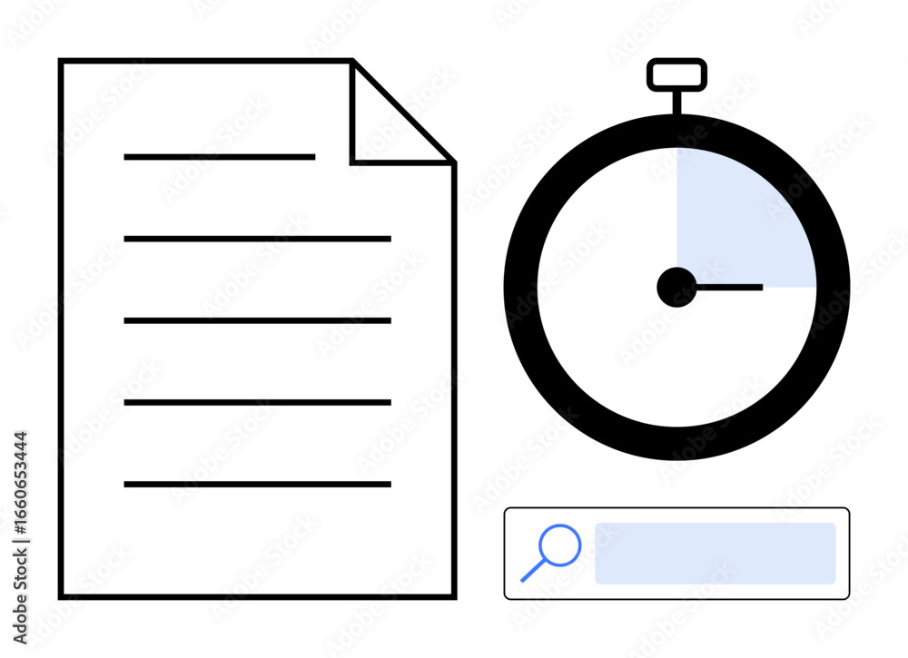 Poster paper with lines, a stopwatch, and a search bar emphasizing efficiency, speed, and organized data. i