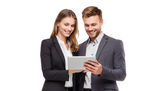 A man and woman smiling while looking at an iPad, transparent background, professional attire, professional photograph, high resolution.