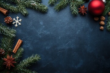 A dark blue slate background decorated with Christmas elements like pine branches, red ornaments, pinecones, and warm spices creating a festive holiday ambiance