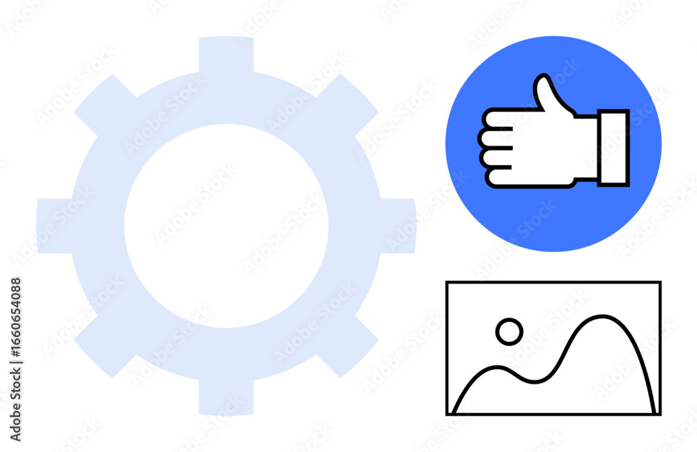 Poster gearwheel symbolizing work, thumbs-up for approval, and a basic image outline. ideal for teamwork, e