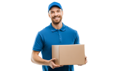 A man in a blue polo shirt and cap, smiling while holding a cardboard box, isolated on a transparent white background