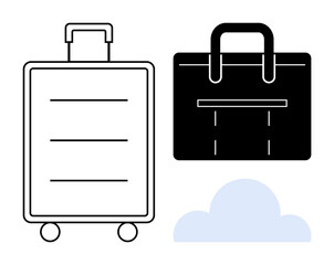 Obraz premium Wheeled suitcase, business bag with handles, and a cloud symbol. Ideal for travel, mobility, business, organization, work-life cloud storage and simplicity. Minimalist flat design metaphor