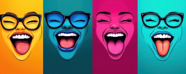 Vibrant pop art design with four colorful squares featuring stylized faces wearing sunglasses, exuding energy and excitement