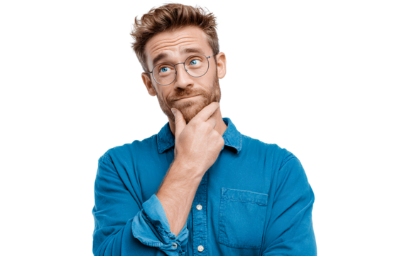A man in a blue shirt, thinking with his hand on his chin, isolated on a transparent PNG background, magazine-style photography 