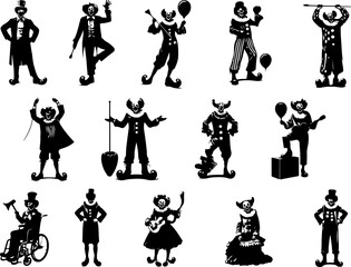 Vector sketch illustration collection of silhouette sketches of cute, cheerful, funny clown designs with creepy-faced event entertainers
